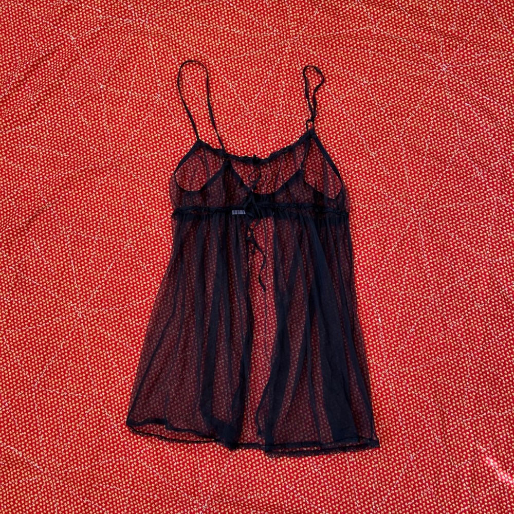 Savage X Fenty Black Mesh Babydoll Lingerie Top Sheer Dot Adjustable Straps